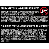 Texas CONCEALED Gun Carry Signs (30.06) PLASTIC