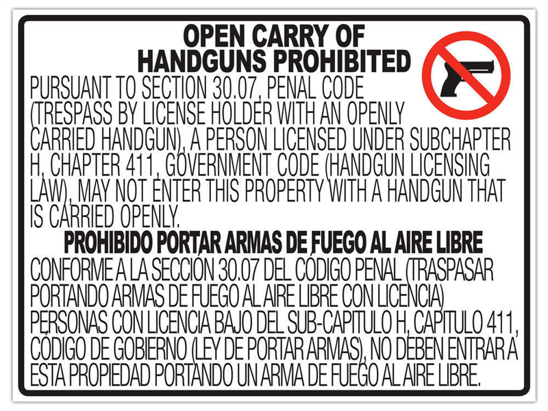 Texas Open Carry Sign Law 30.07 23.5"X24.5" 