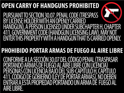 Texas OPEN Gun Carry Signs (30.07) ALUMINUM